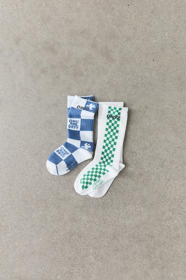 Zara TWO-PACK OF CHECKERED LOGO HIGH SOCKS - White