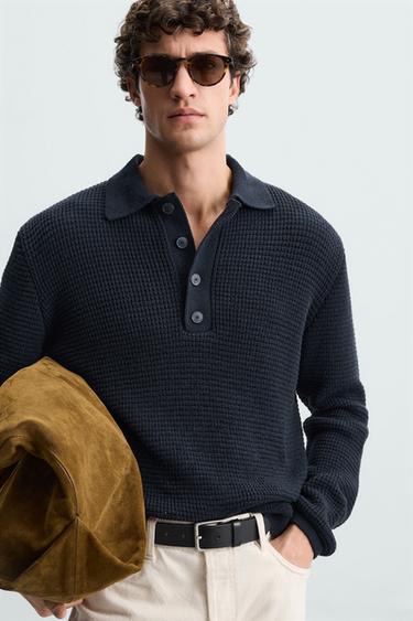Zara PURL KNIT POLO - Dark navy