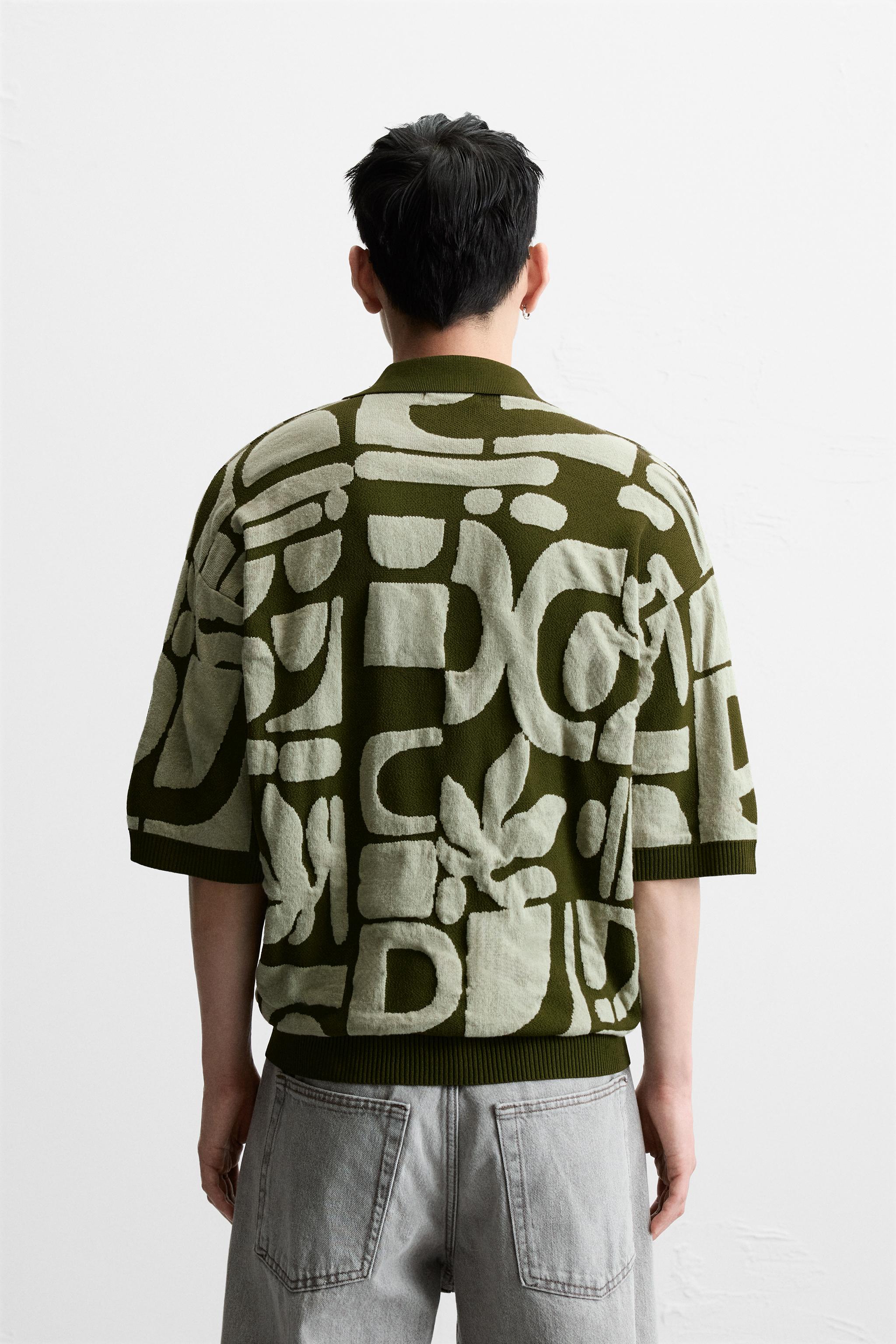 コントラストジャカードニットポロシャツ - グリーン | ZARA