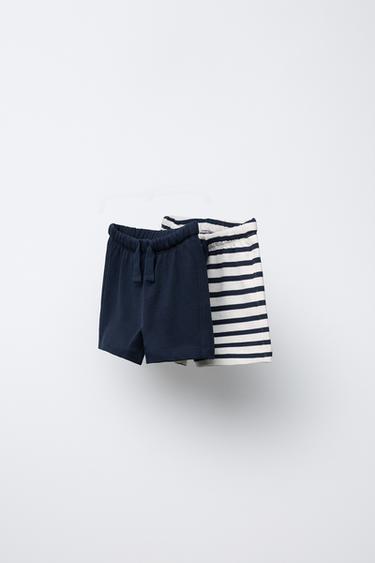 Zara 2條裝條紋與素色百慕達短褲 - 海藍色