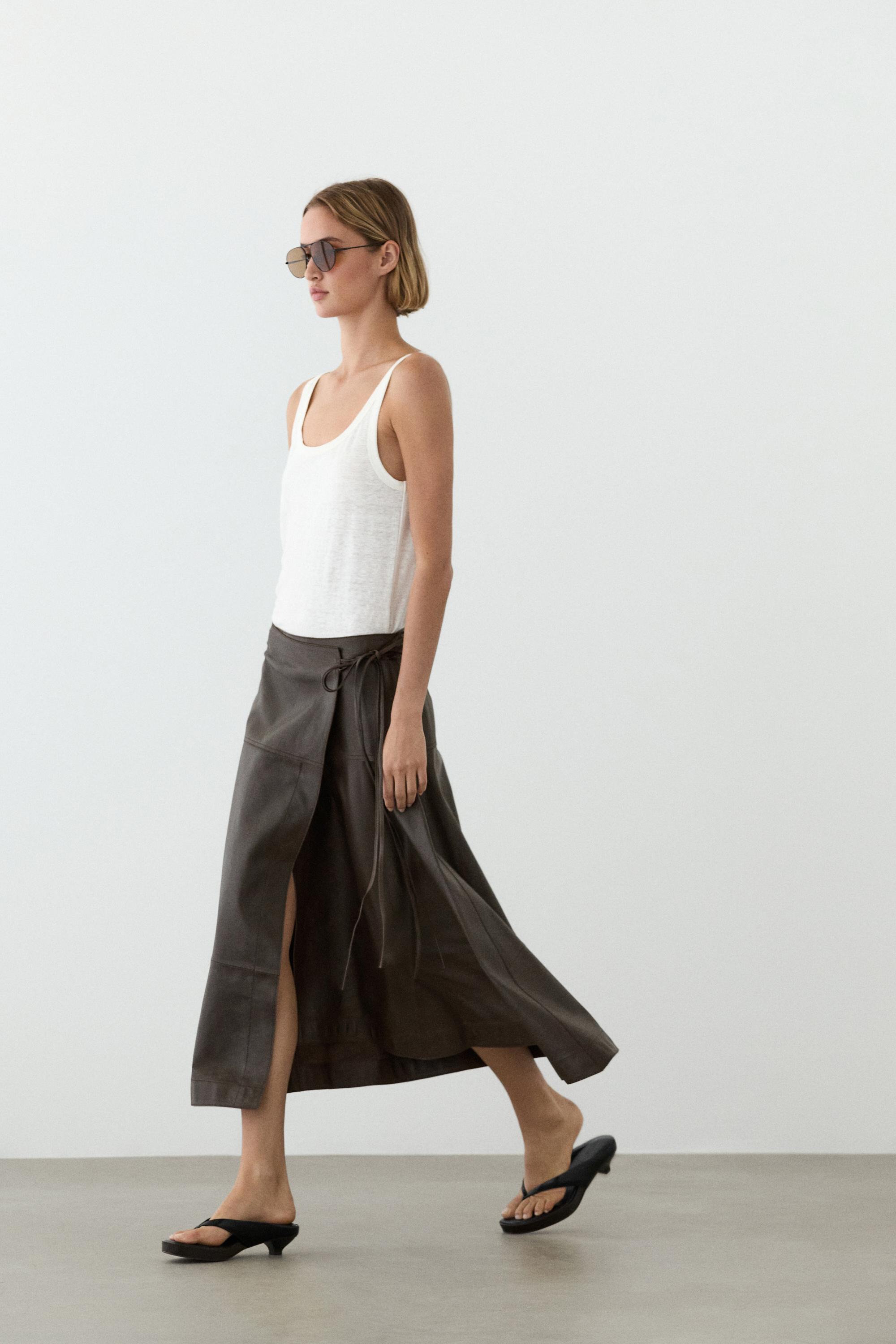Nappa leather midi skirt with tie detail