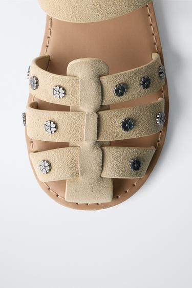 LEATHER CAGE SANDALS WITH STUDS - Sand Brown by Zara - Image 4