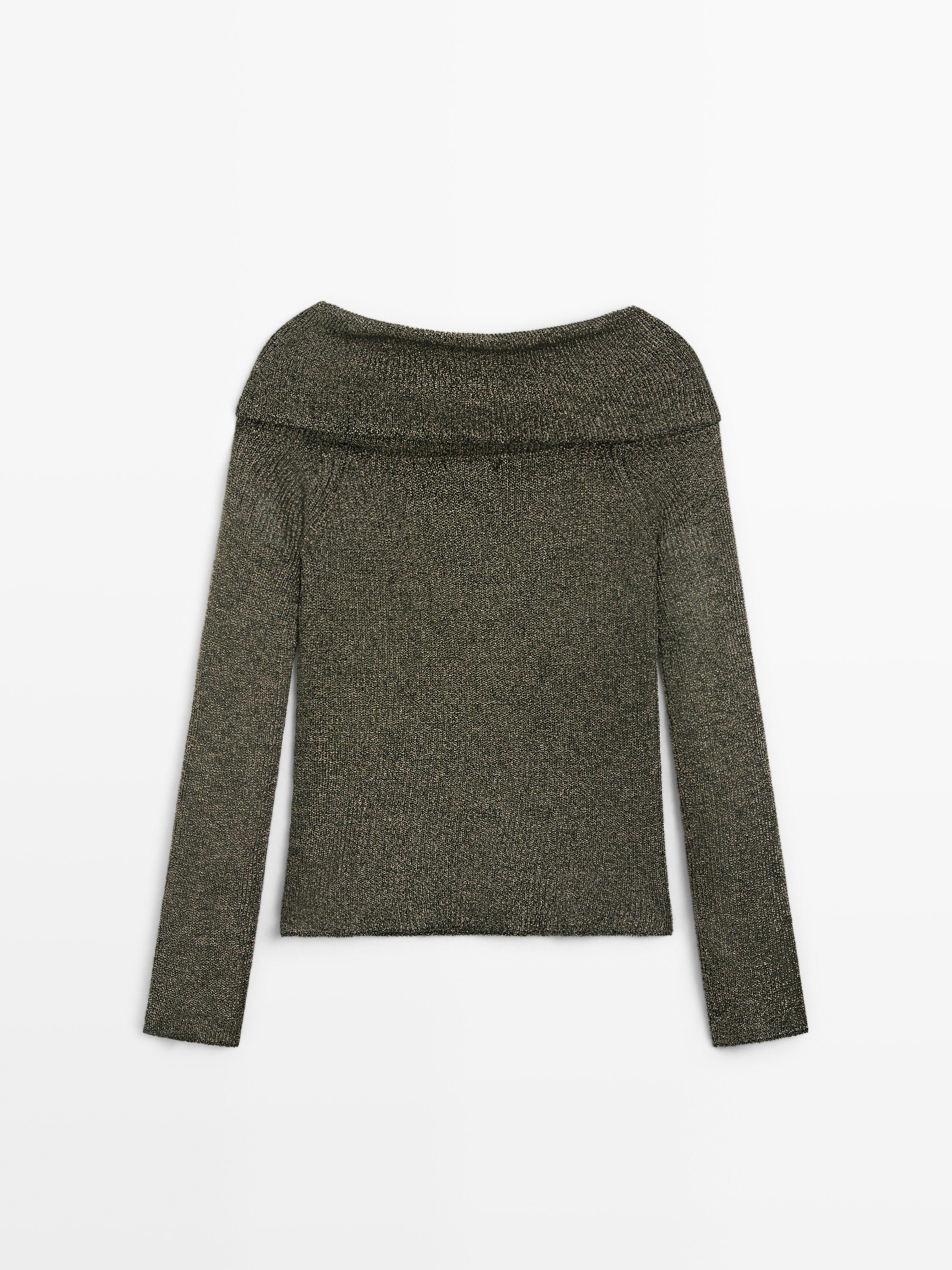 Off-the-shoulder knit sweater with metallic finish
