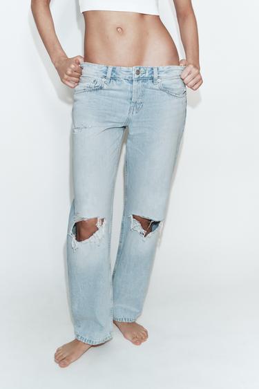 TRF LOW-RISE RIPPED STRAIGHT-LEG JEANS - Light blue by Zara