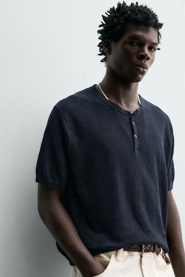 HAUT EN MAILLE COL TUNISIEN 100% LIN - Bleu marine de Zara - Image 4