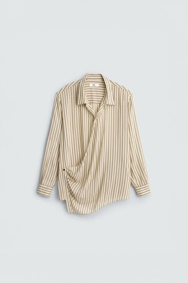 Zara STRIPED VISCOSE-SILK WRAP SHIRT - Sand