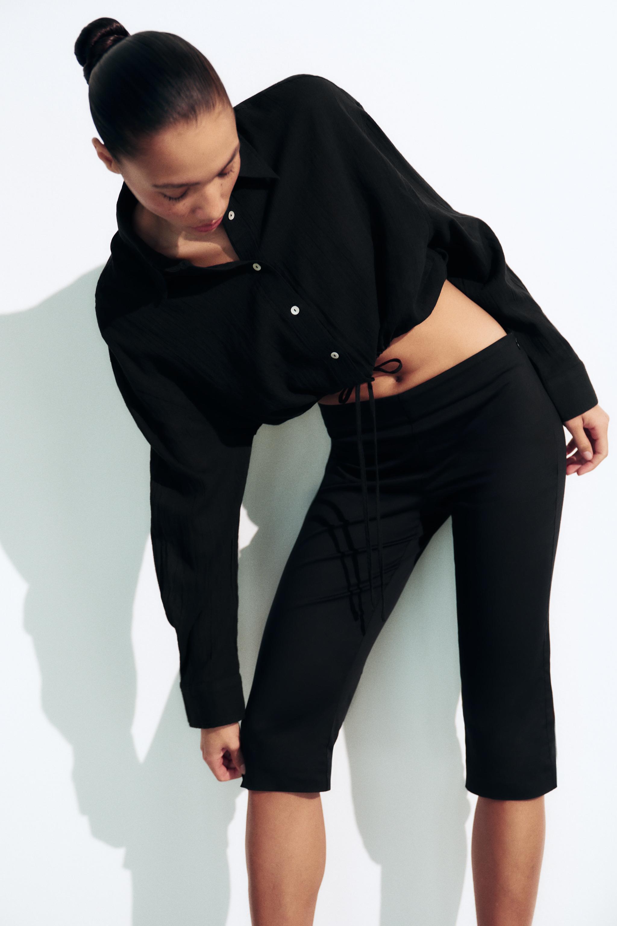 CROPPED POLKA DOT CHIFFON SHIRT WITH DRAWSTRING — Black