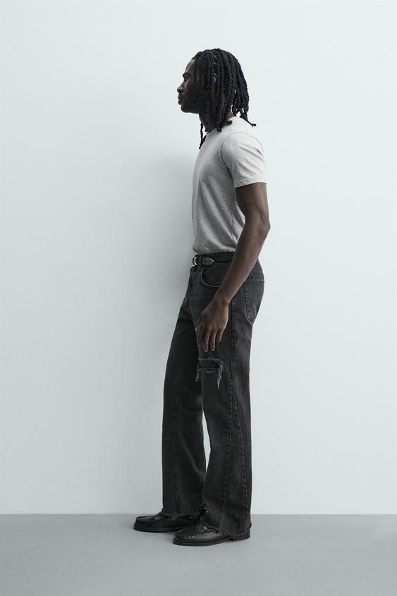 ダメージ加工フレアフィットデニムパンツ - ブラック | ZARA Japan 