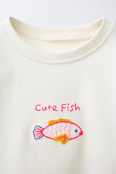 T-SHIRT BRODERIE POISSON - Écru de Zara - Image 3