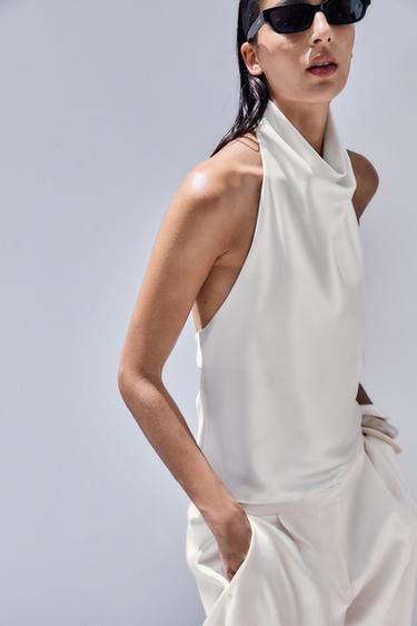 SATIN HALTER TOP - Ecru by Zara
