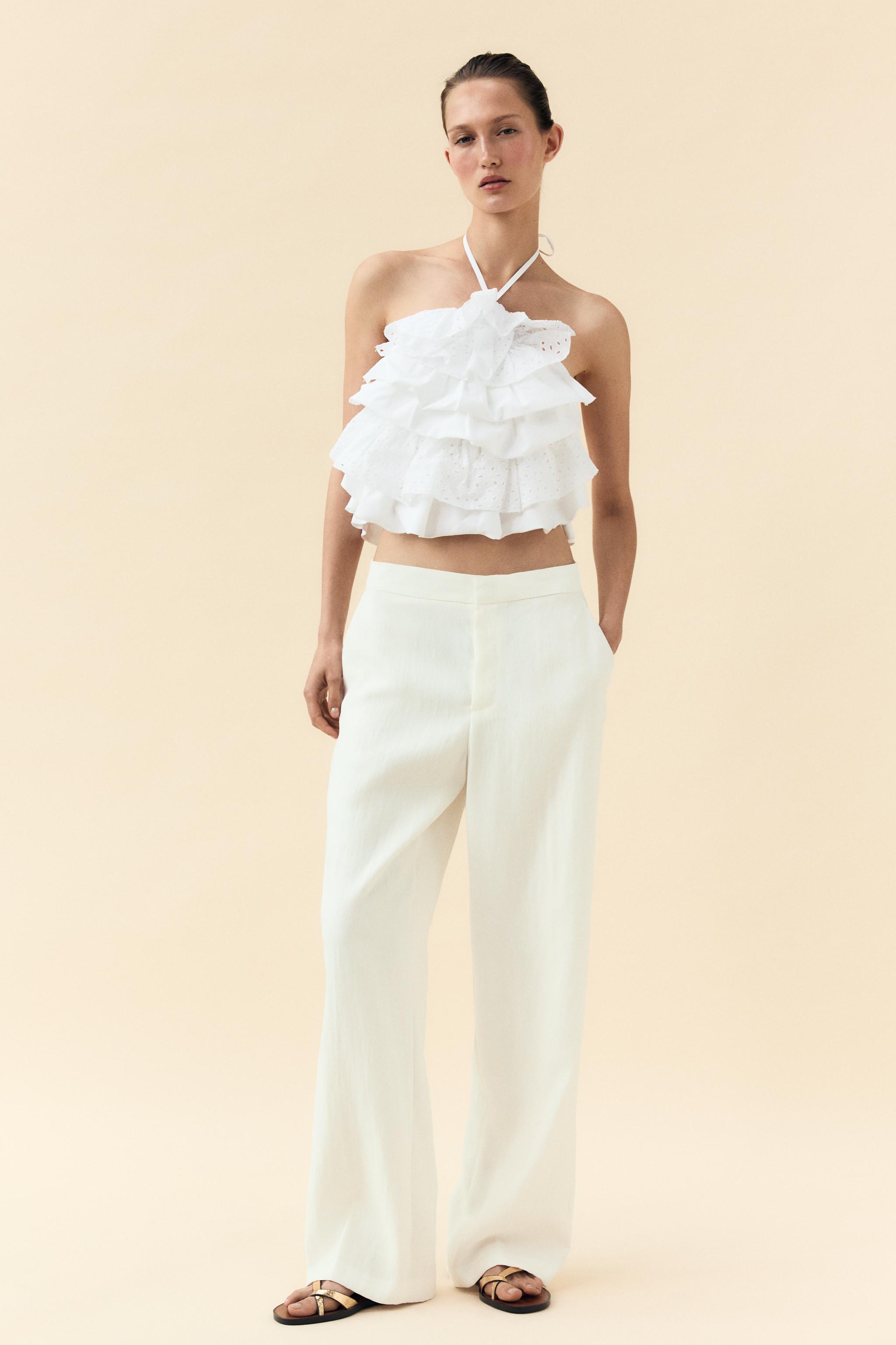 ZARA NEW WOMAN KNIT CROP TOP WITH FLORAL EMBROIDERY LIGHT