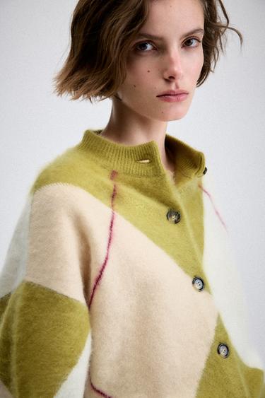 Zara 100% WOOL ARGYLE CARDIGAN - Olive Green