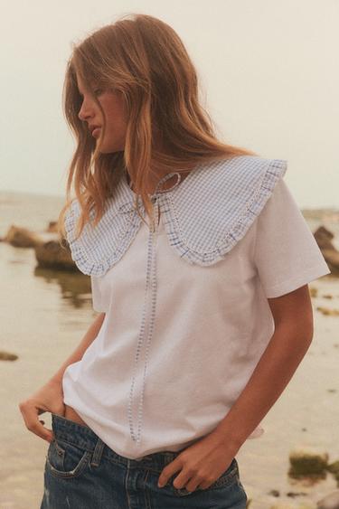 Zara GINGHAM CHECK COMBINATION T-SHIRT - Blue / White