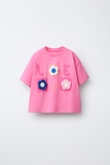 CROCHET FLORAL APPLIQUÉ T-SHIRT - Bubble gum by Zara