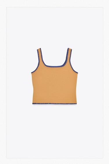 KNIT TOP WITH CONTRAST EMBROIDERY - Mid-camel by Zara