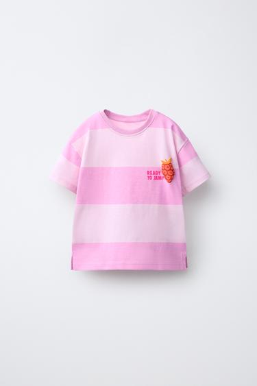 T-SHIRT À RAYURES ET MOTIFS FRUITS EN RELIEF - Rose de Zara
