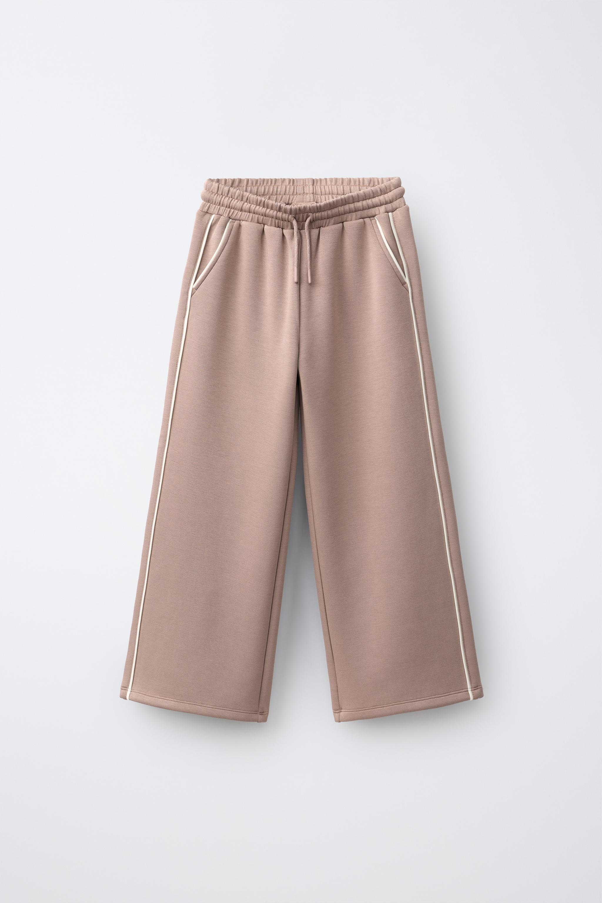 CONTRAST SPORTY WIDE-LEG PANTS — Brown / Taupe