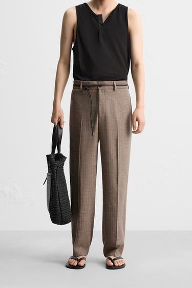 STRIPED TEXTURED SUIT TROUSERS - mink brown by Zara