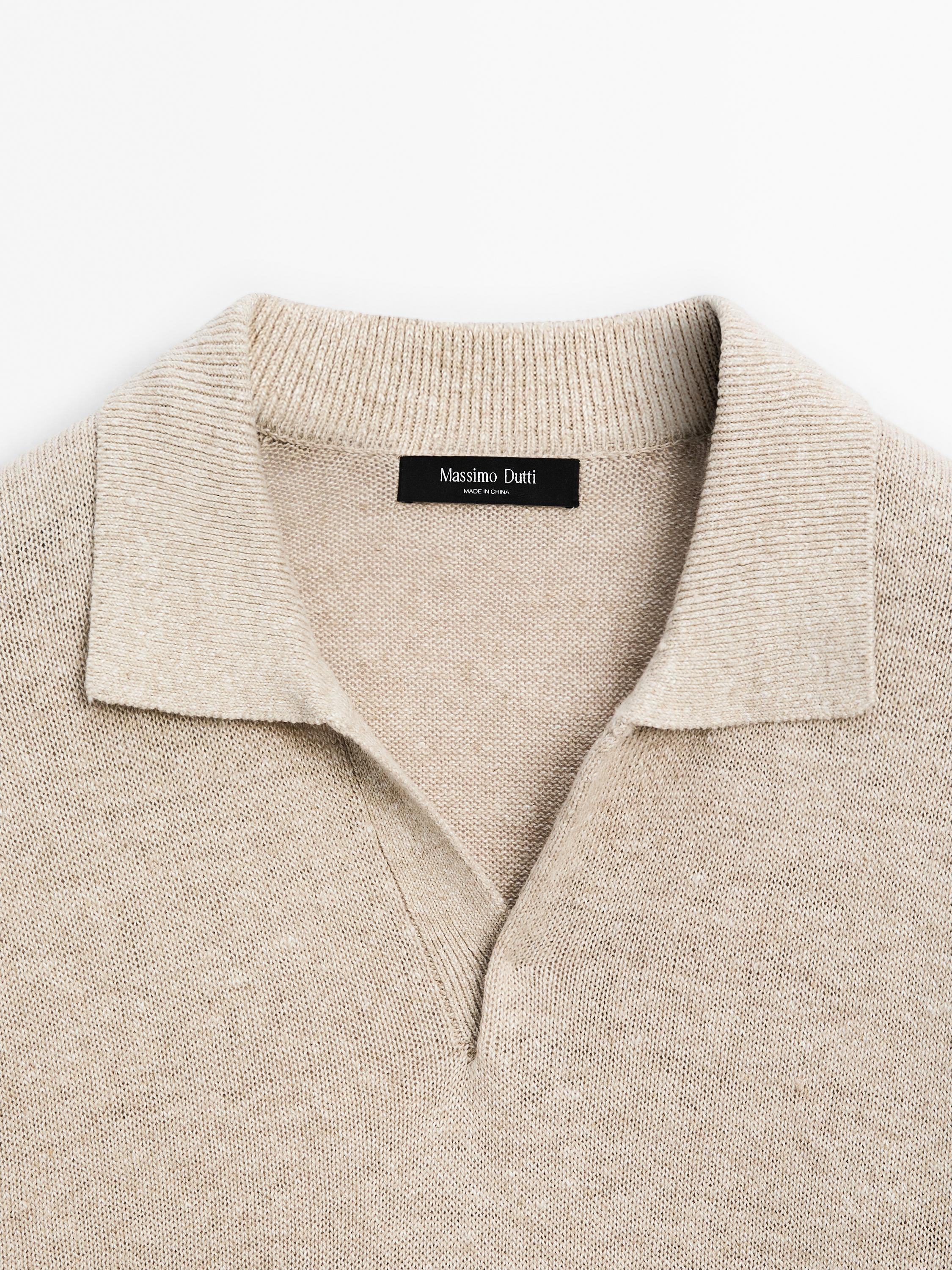 Pull polo en maille chinée de lin mélangé