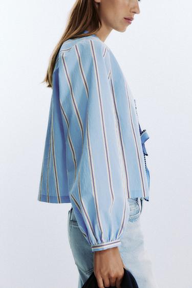 STRIPED POPLIN SHIRT WITH TIES - Sand / Blue by Zara - Image 4