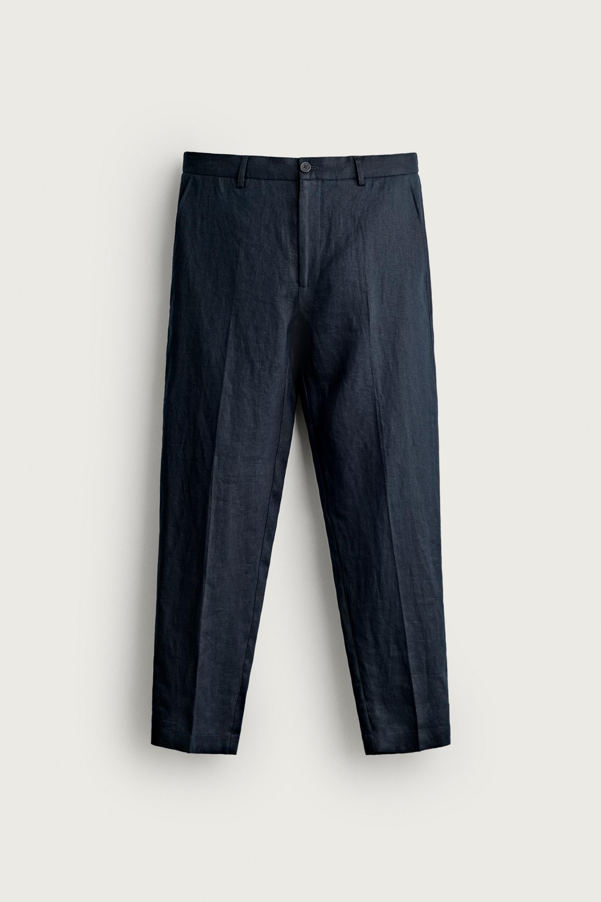100% LINEN REGULAR FIT PANTS — Navy blue