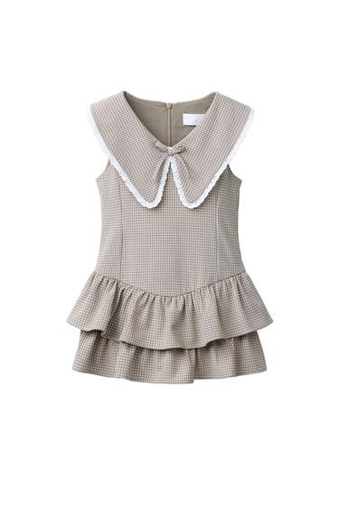 VESTIDO CUADROS VOLANTES PUNTILLA - Blanco / Gris de Zara