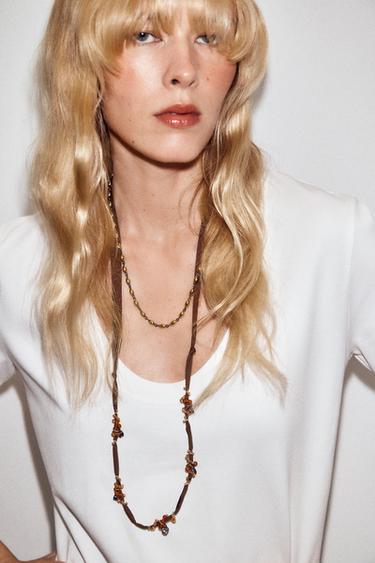 Zara PACK OF 2 BEADED FABRIC NECKLACES - Golden - Image 0