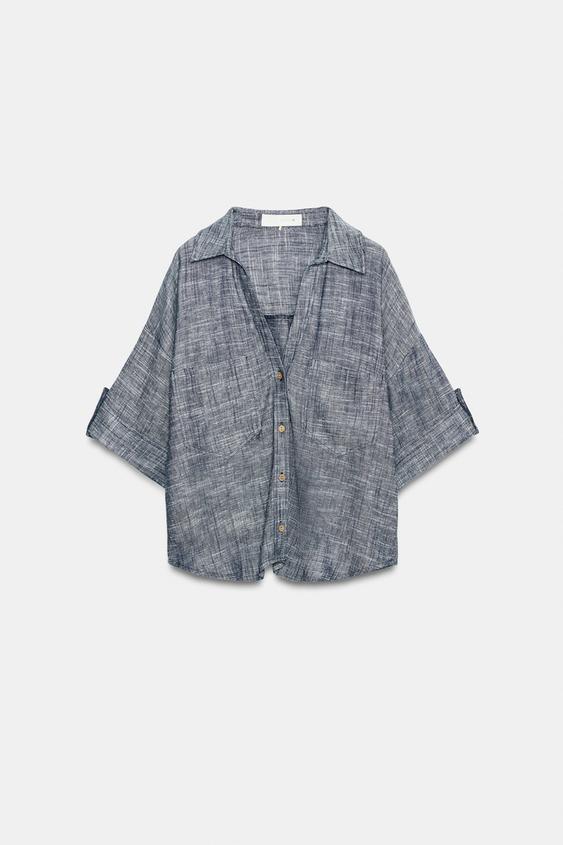 CAMISA CROP MEZCLA LINO BOTONES - Azul de Zara - Imagen 0