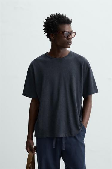 LINEN - COTTON T-SHIRT - Navy blue by Zara