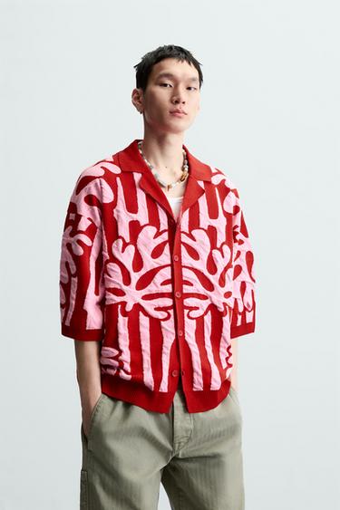 CONTRAST JACQUARD KNIT SHIRT - Red by Zara