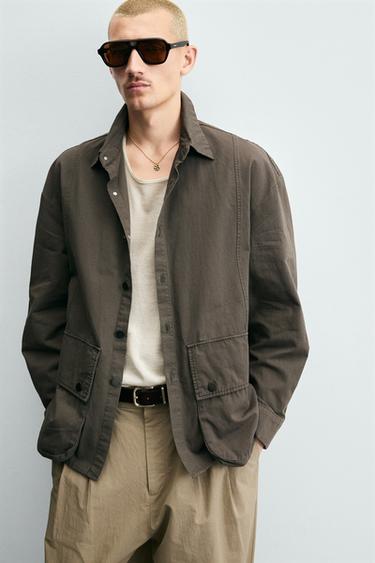 RELAXED FIT OVERSHIRT WITH POCKETS - Brown / Ecru by Zara