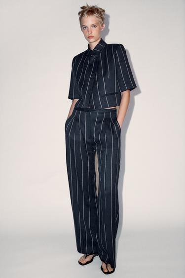ZW COLLECTION STRIPED LINEN BLEND TROUSERS - Navy blue by Zara