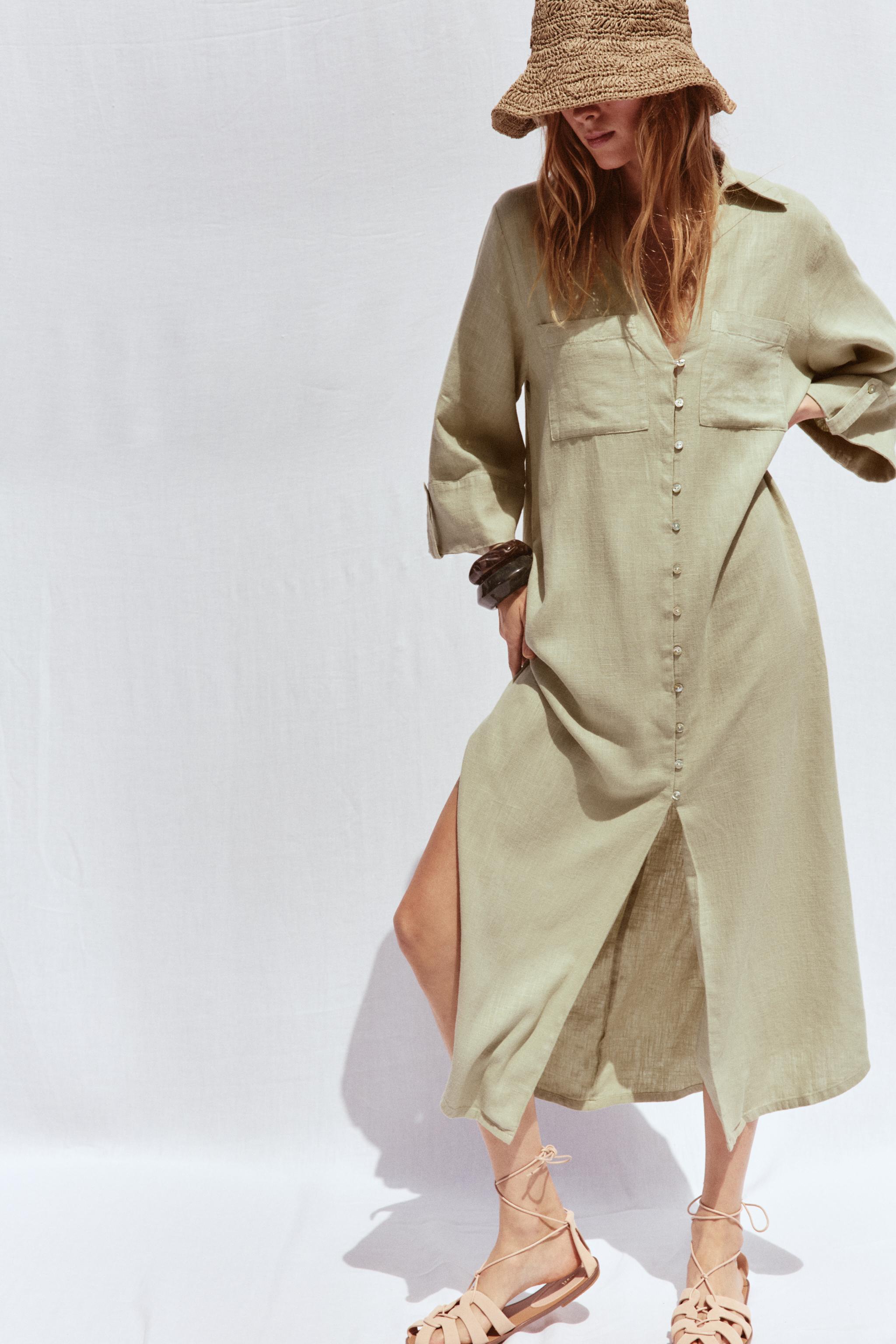 LINEN BLEND SHIRT DRESS White ZARA New Zealand