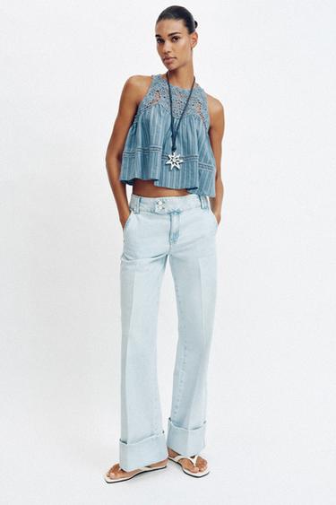Z1975 STRAIGHT JEANS MED LAV TALJE OG OPRUL - lys blå fra Zara