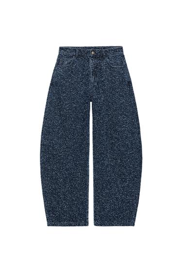 Zara ZW COLLECTION TEXTURED MID-RISE WIDE LEG JEANS - Light blue