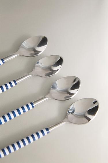PACK OF DESSERT SPOONS WITH STRIPED HANDLES (PACK OF 4) - Blue/White by Zara - Image 1