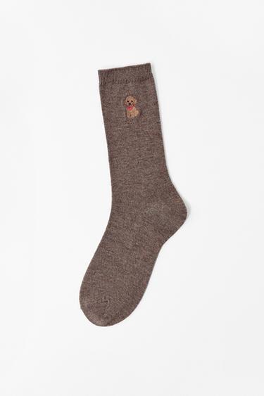 DOG EMBROIDERY SOCKS - Brown / Taupe by Zara