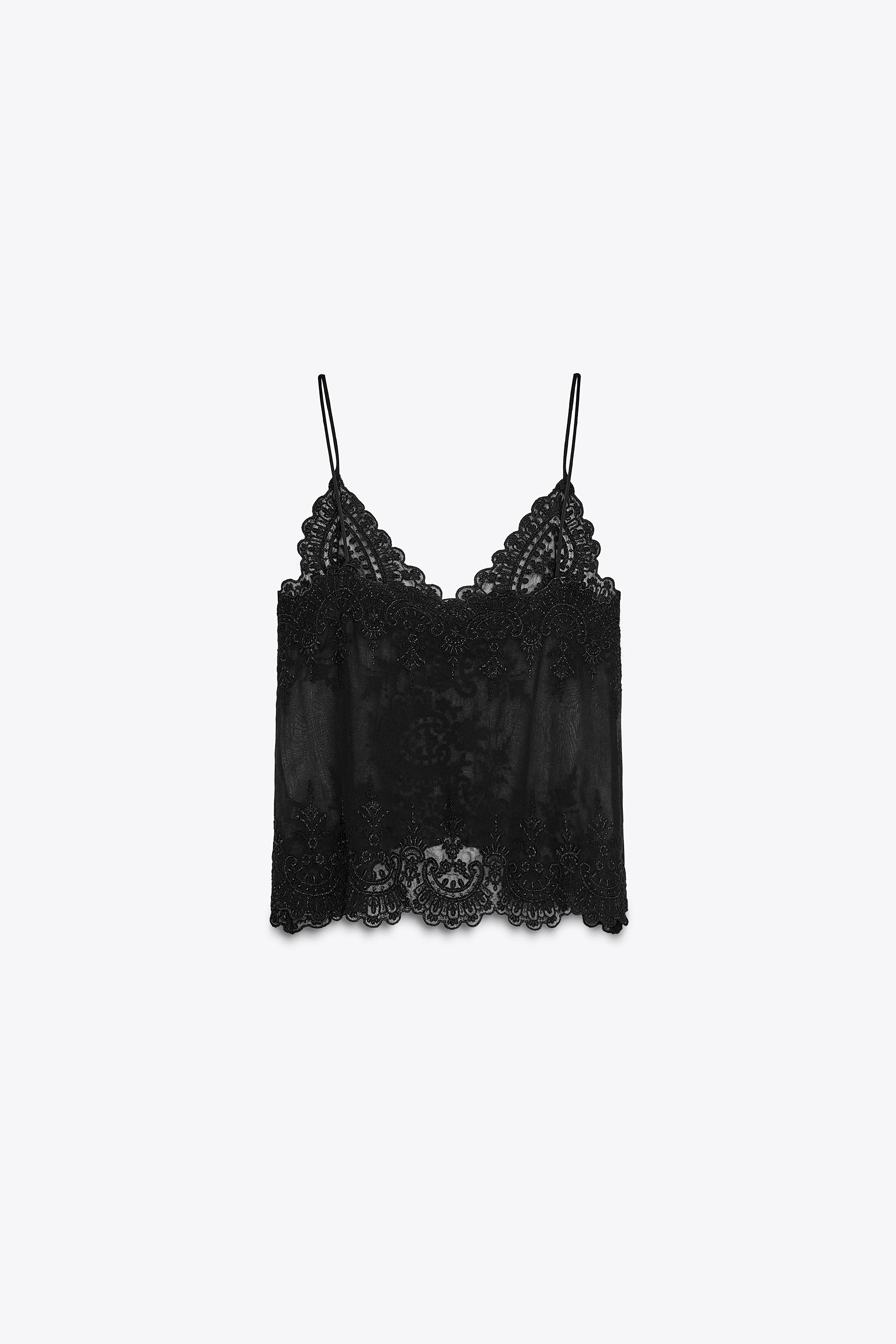 ZARA ZW COLLECTION ビーズ付きキャミソールワンピース 6895/057 ZW COLLECTION LACE CAMISOLE TOP - Black | ZARA United States