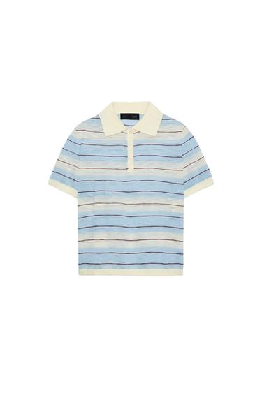 STRIPED KNIT POLO SHIRT - Ecru / Blue by Zara