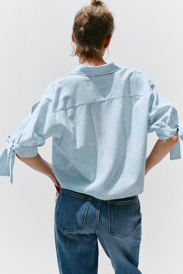 STRIPED LINEN BLEND SHIRT WITH BOWS - Blue/White by Zara - Image 3