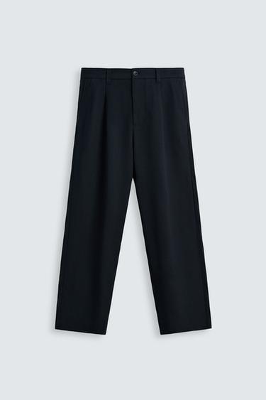 COTTON/LYOCELL PLEATED TROUSERS - Navy blue by Zara