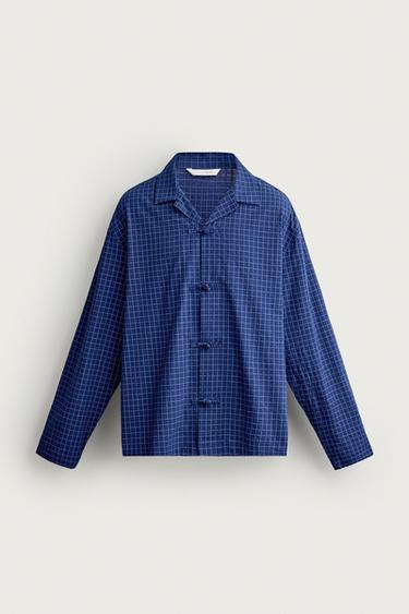 Zara 格紋織物牛角扣襯衫 - 深藍色