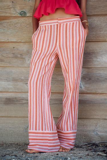 Zara STRIPED WIDE RUSTIC PANTS - Multicolored