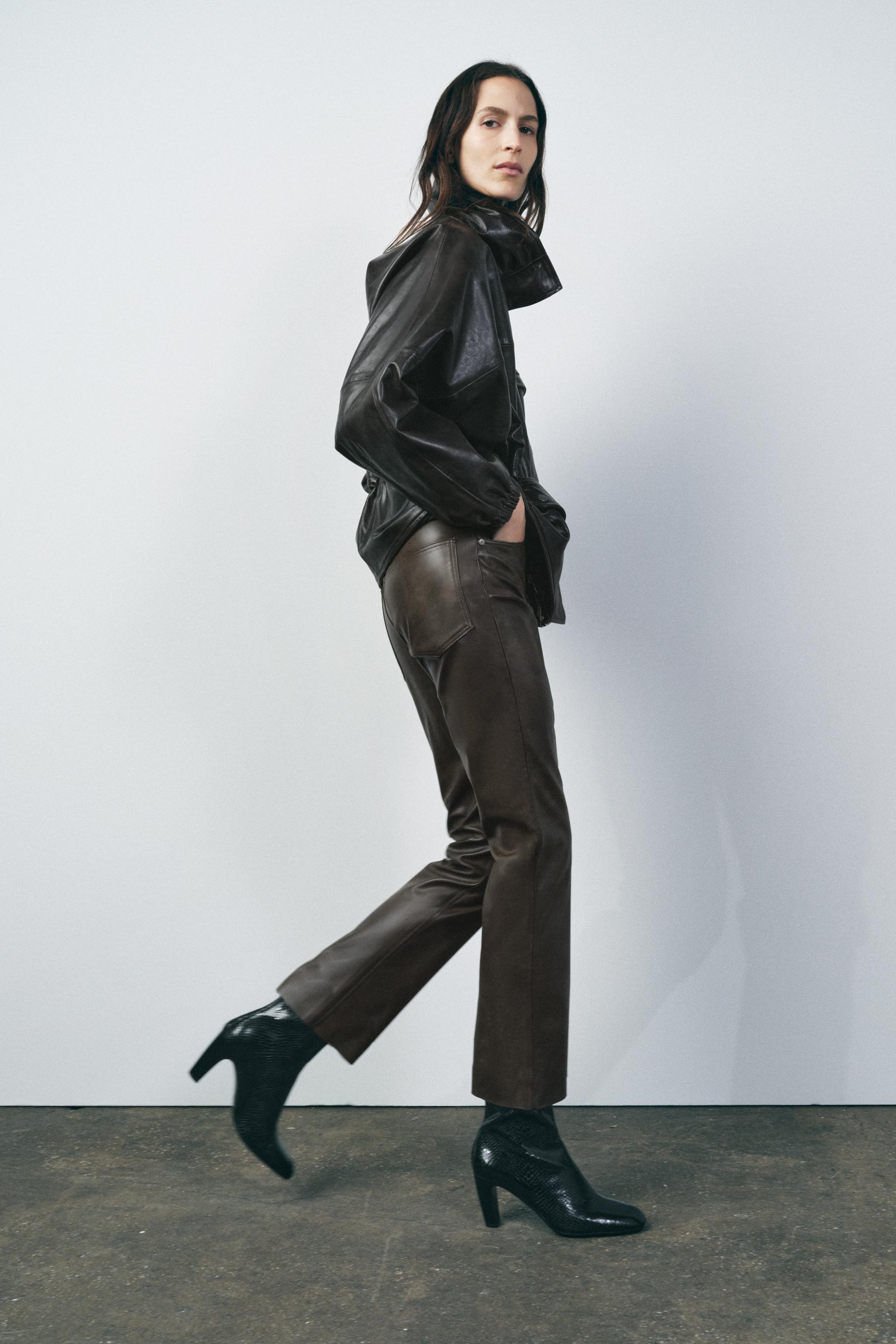 Marrón Pantalones Efecto Cuero Zara Pantalón Negro Slouchy Efecto