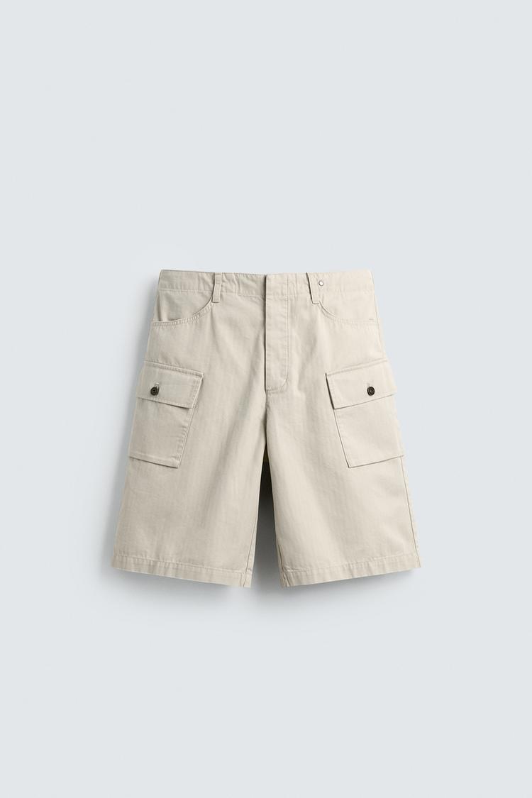ZARA REGULAR FIT HERRINGBONE CARGO BERMUDA SHORTS