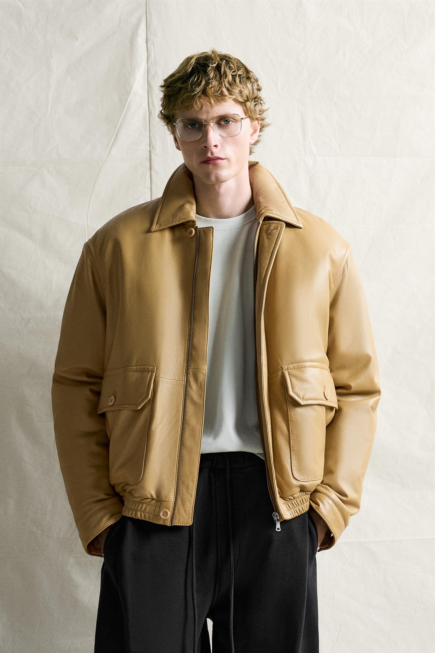 Мужская куртка Zara Relaxed-Fit Quilted Leather, цвет: Ocher — фото 2
