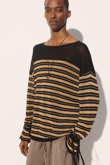 STRIPED LINEN BLEND JUMPER - Sand / Black by Zara