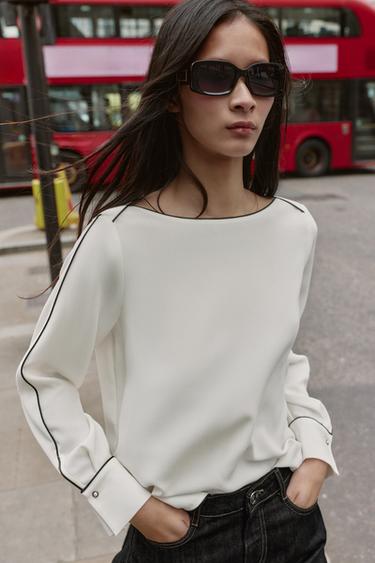 クレープコントラストトリムブラウスホワイト/ブラックZaraのクレープコントラストトリムブラウス - ホワイト/ブラック