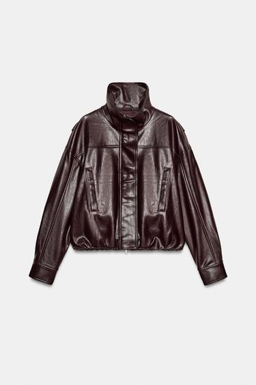 LEATHER EFFECT JACKET WITH PLEATS - Dark burgundy by Zara - Image 3