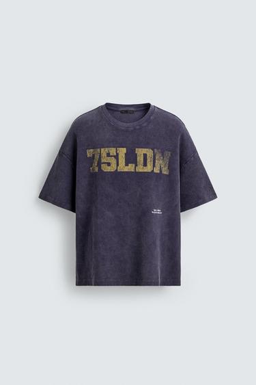 FADED WAFFLE TEXTURED PRINTED SWEATSHIRT - Ink blue by Zara